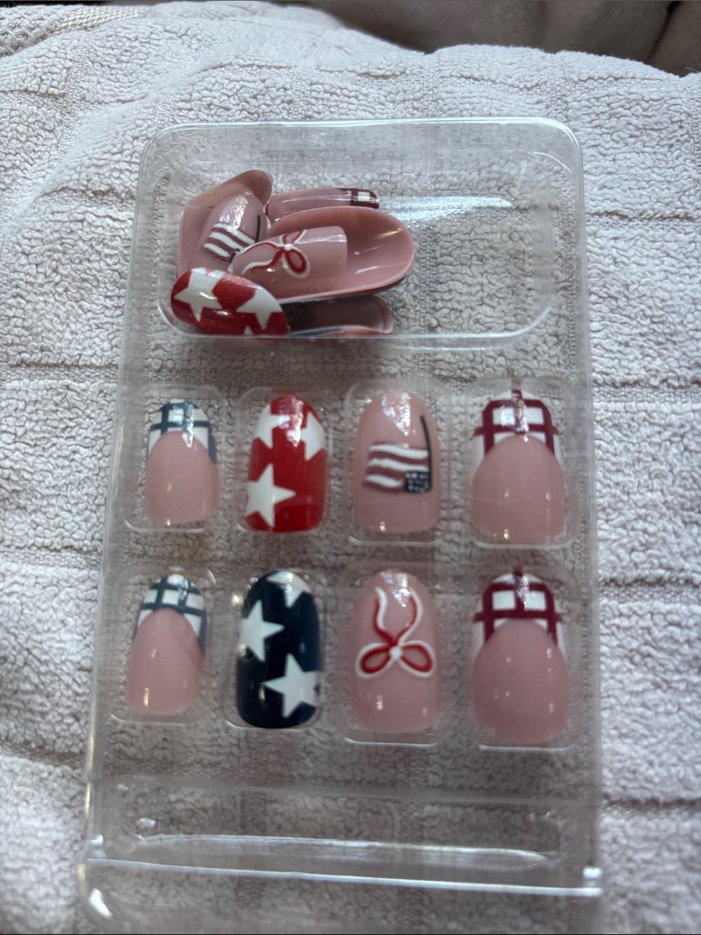 Press on Nail Set - Pink, Red, Blue Star & Flag Designs 24 pcs new